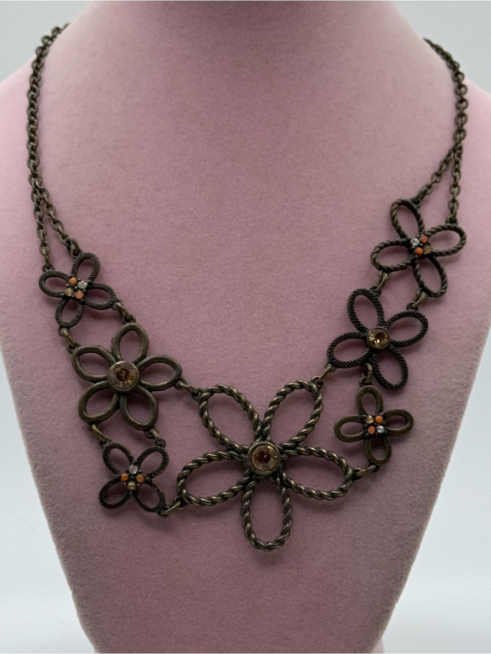 Avon Vintage Brass Floral Necklace in Antique Bronze with Amber Accents